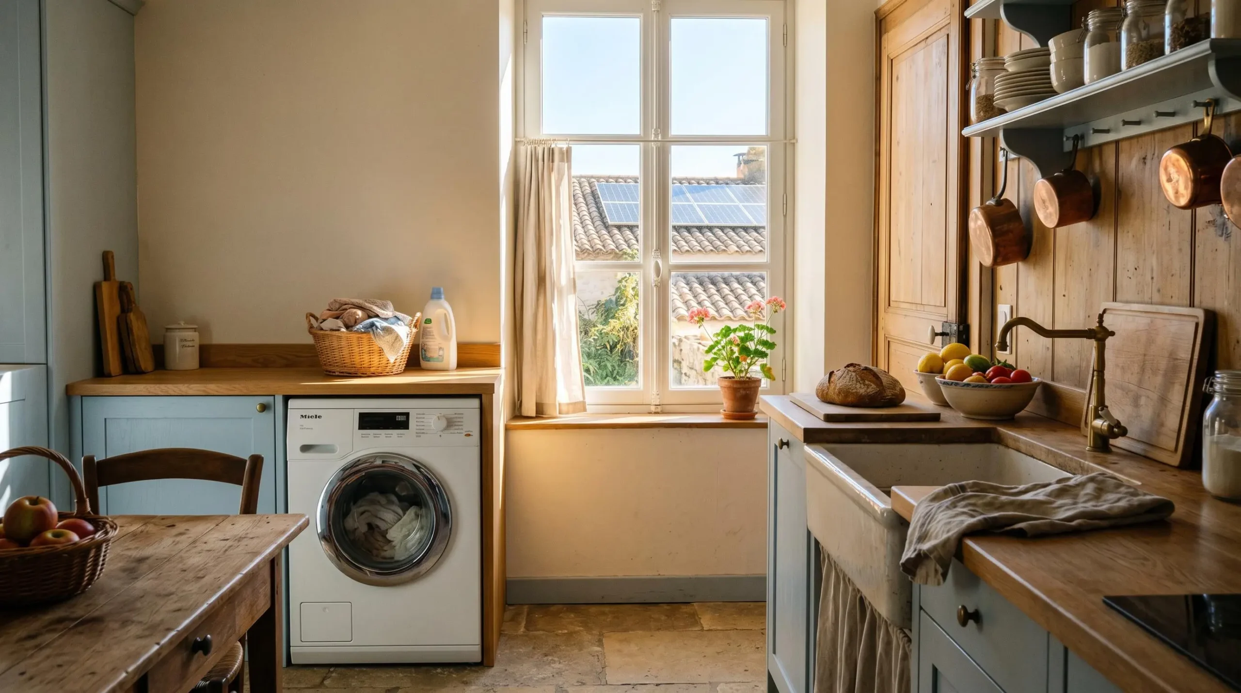 Intérieur d'une cuisine lumineuse en journée avec appareil électroménager en fonctionnement, fenêtre donnant sur un toit équipé de panneaux solaires