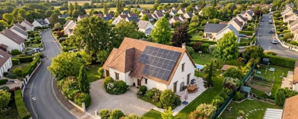 Vue aérienne d'une maison individuelle en zone périurbaine équipée de panneaux photovoltaïques sur le toit incliné