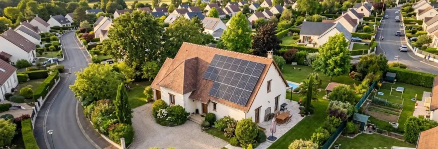 Vue aérienne d'une maison individuelle en zone périurbaine équipée de panneaux photovoltaïques sur le toit incliné