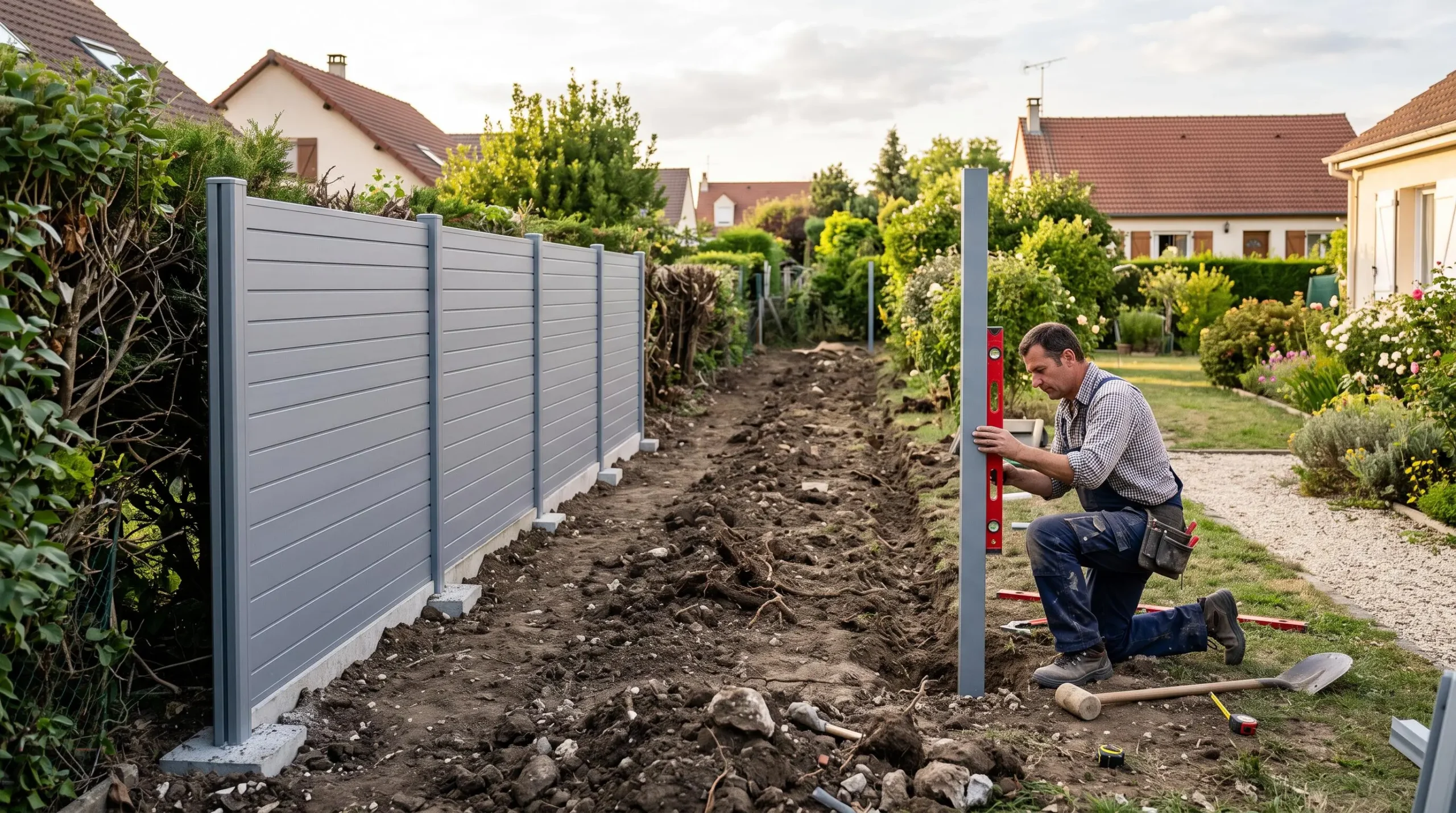 Un jardin avec une haie supprimée et des panneaux de clôture aluminium en cours de pose