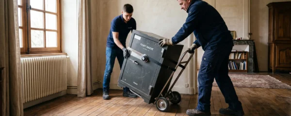 Deux transporteurs positionnent un coffre-fort lourd sur un plancher en bois dans une maison.