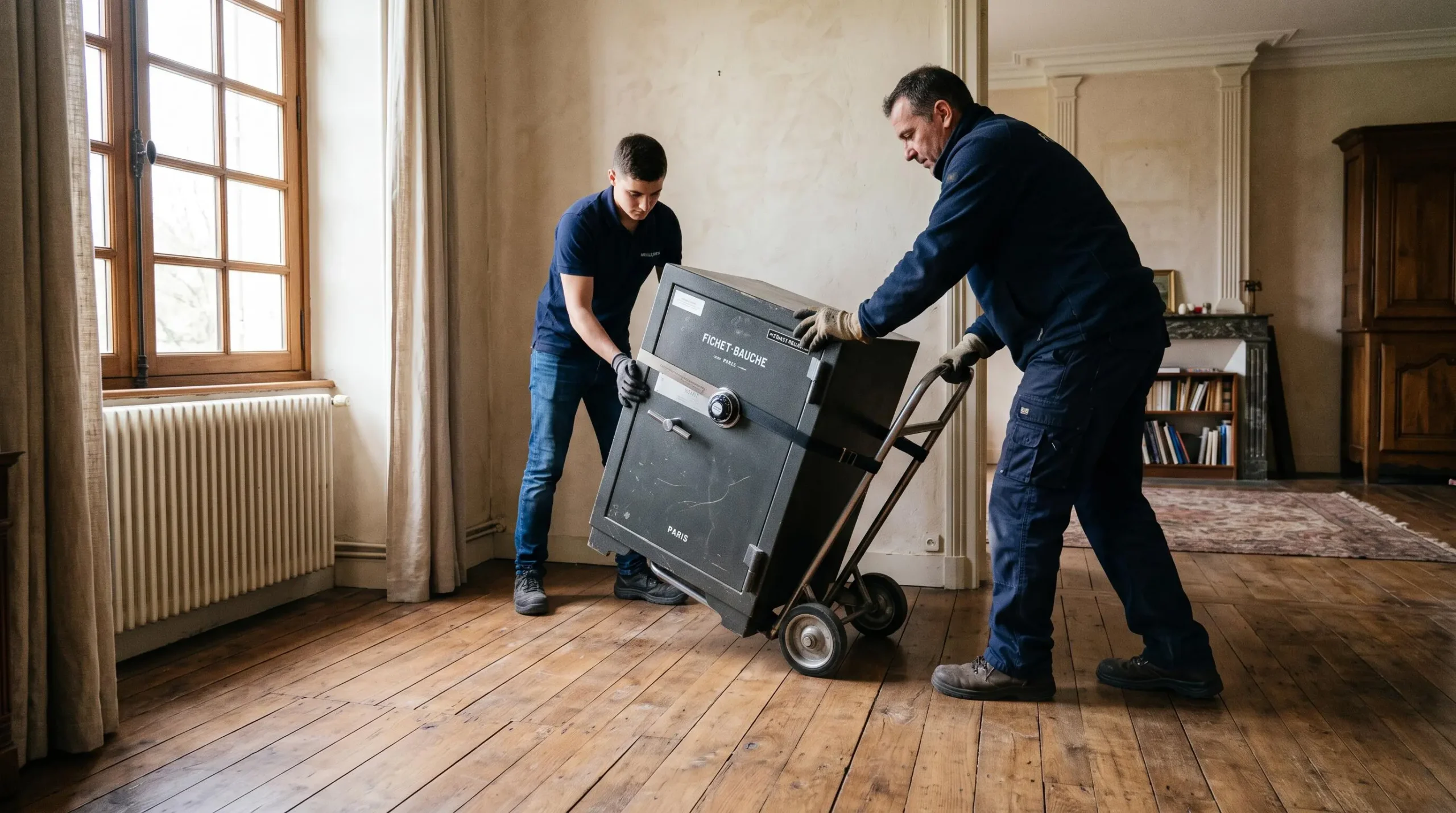 Deux transporteurs positionnent un coffre-fort lourd sur un plancher en bois dans une maison.