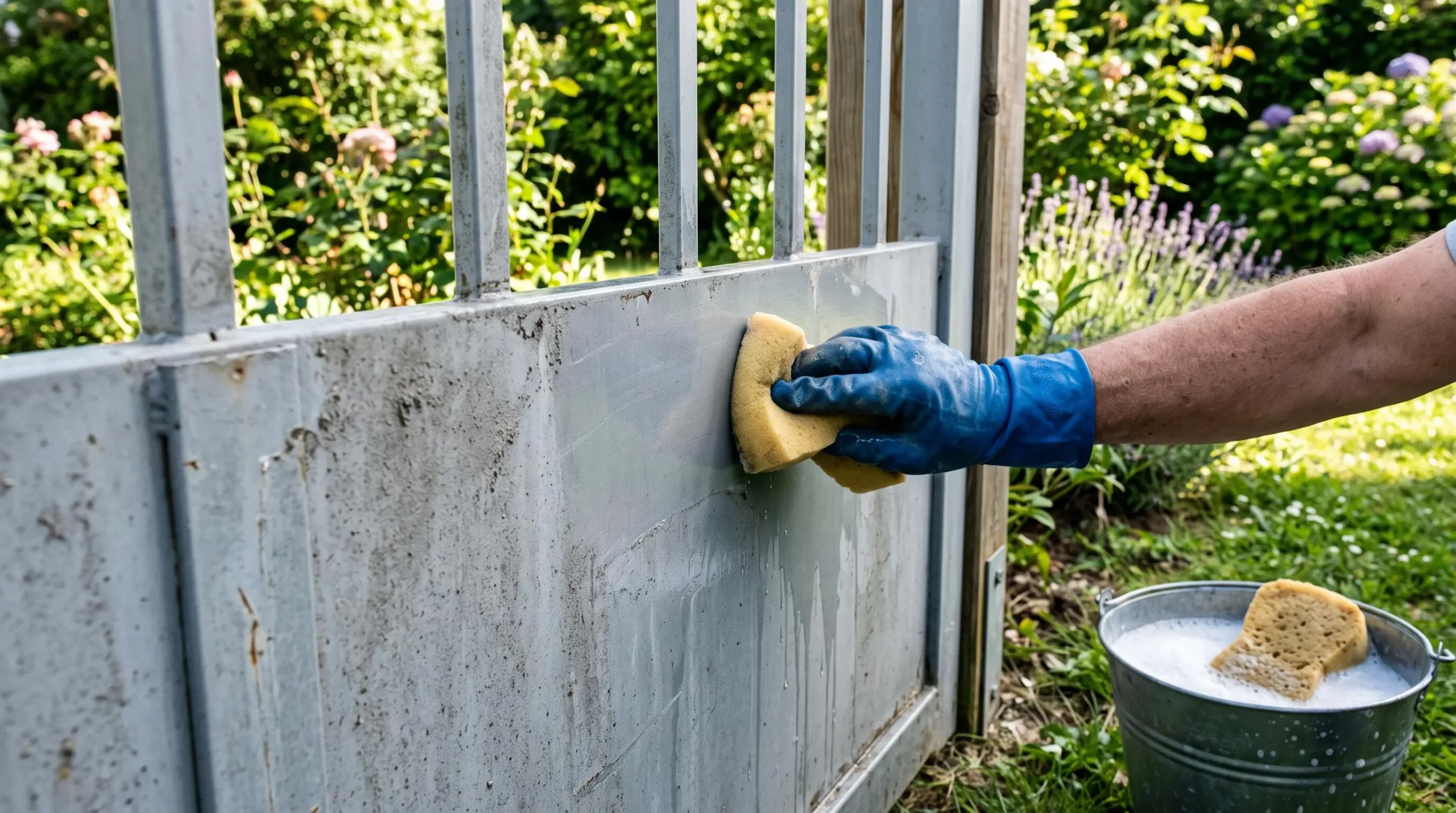 Une main gantée nettoie un panneau de clôture aluminium avec une éponge dans un jardin
