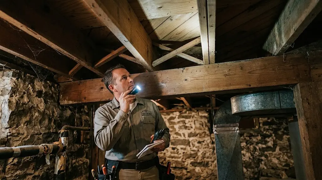 Une personne inspecte les solives et le dessous d'un plancher bois depuis un sous-sol.