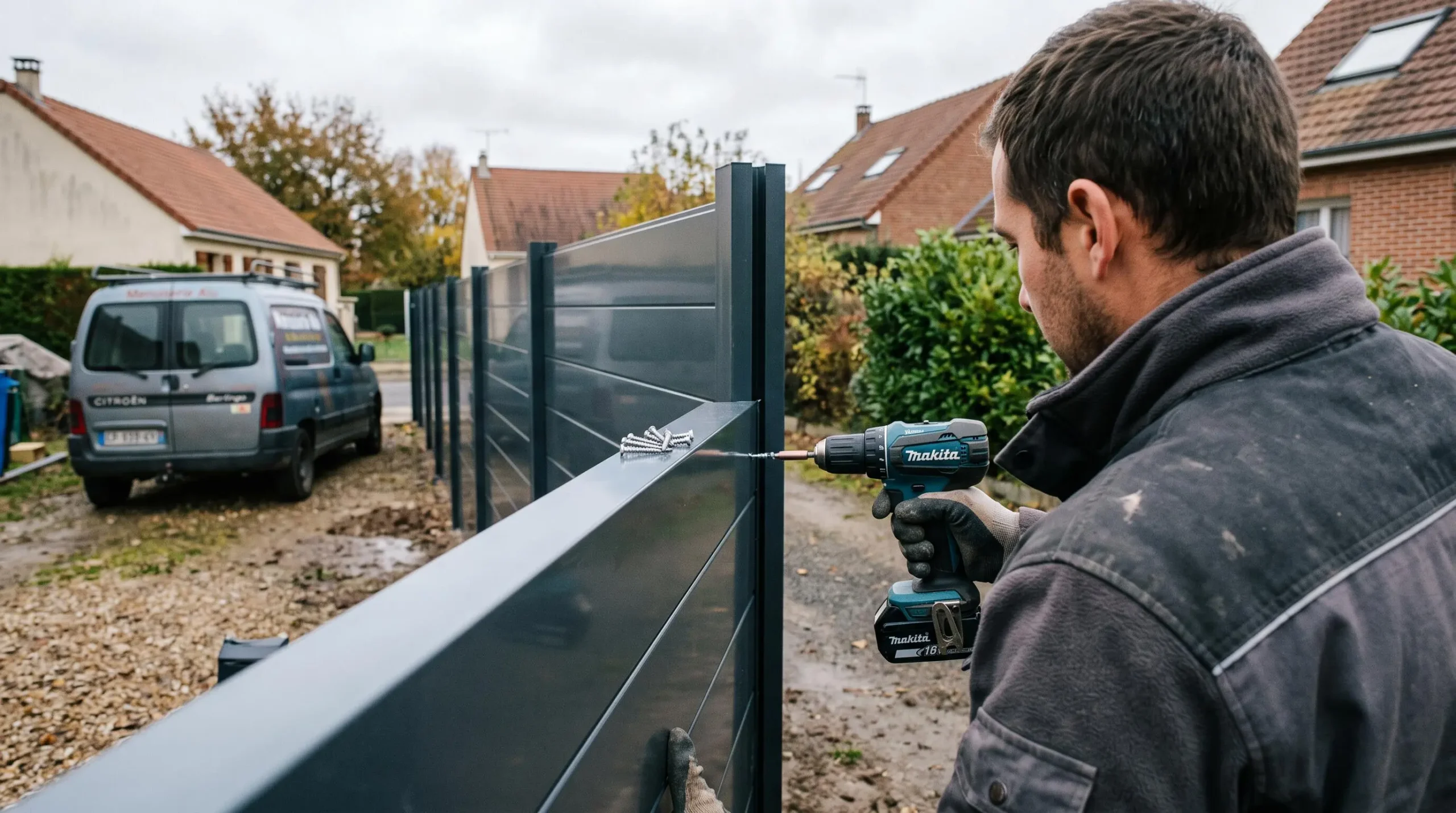 Un installateur fixe un panneau de clôture aluminium sur un poteau avec une visseuse