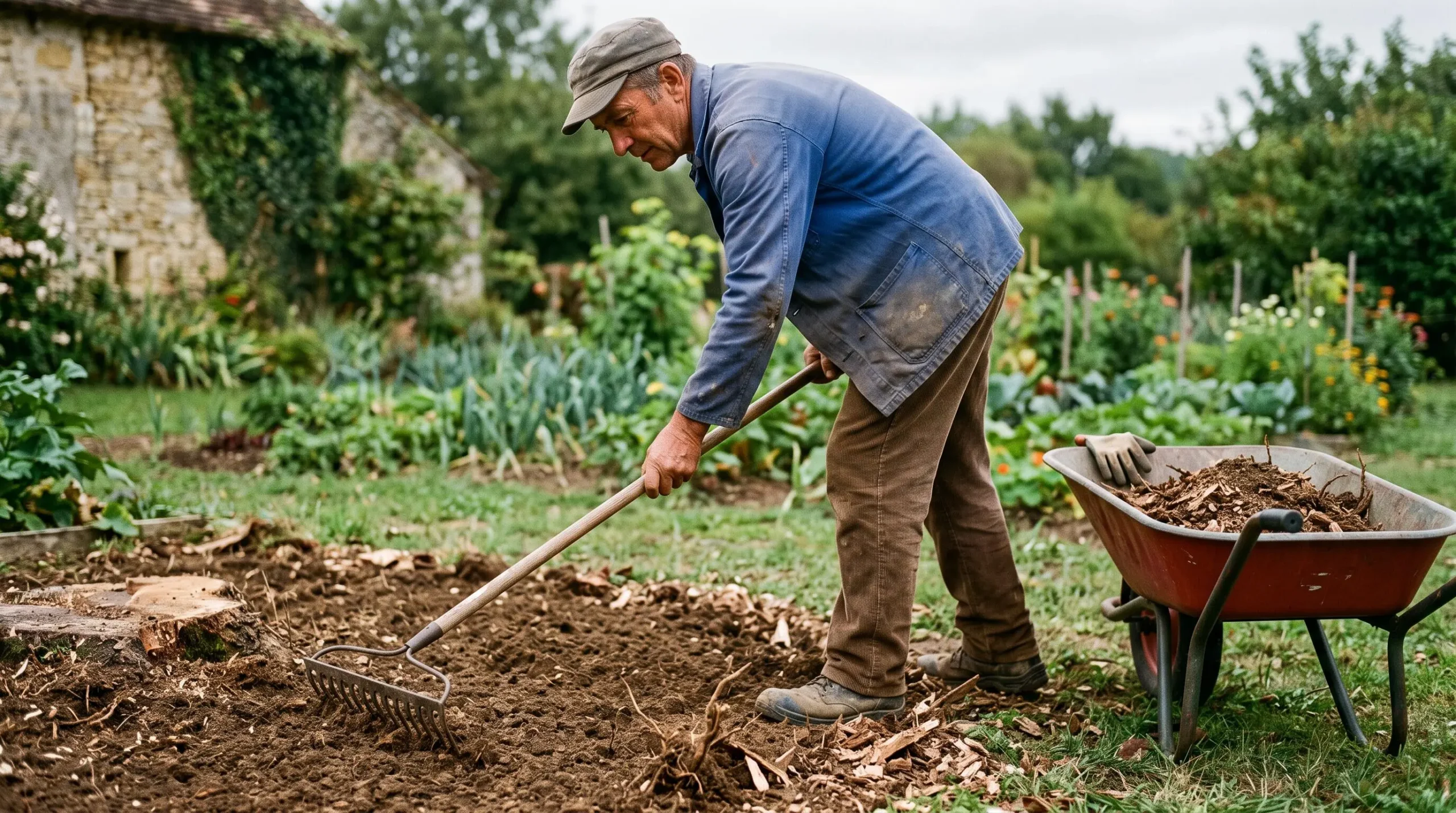Un jardinier racle et nivele le sol préparé après un dessouchage dans un jardin
